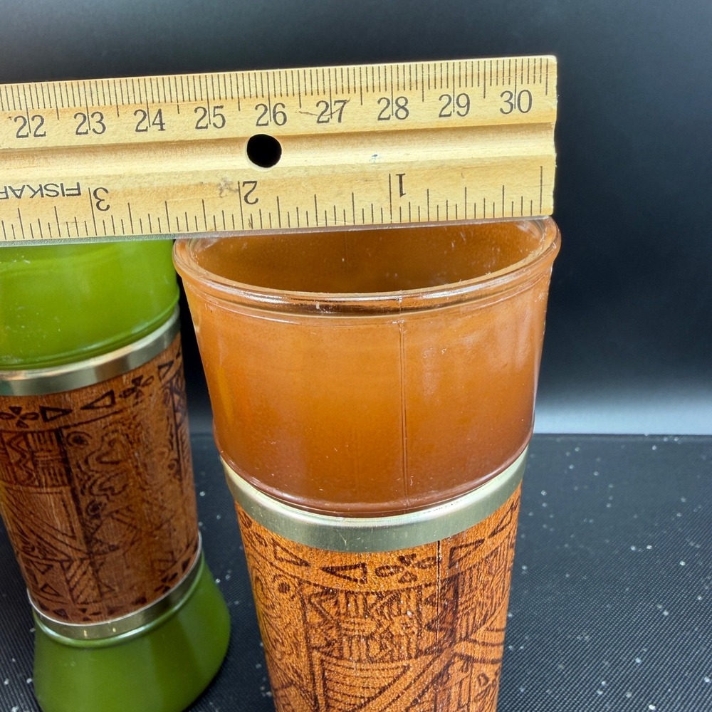 Vintage MCM Tiki Highball Glasses Genuine Mahogany Wood Wrap Set 6 Multi Color - Picture 3 of 15
